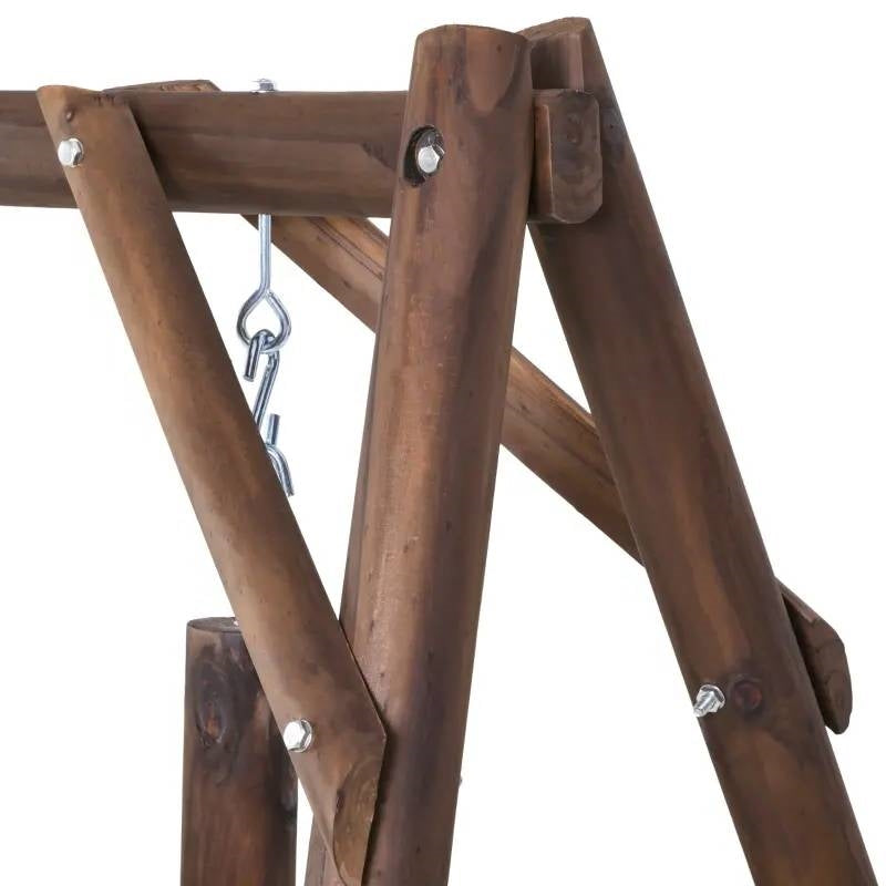 Close-up of the A-frame structure of the FarmHouse Log A-Frame 2-Seat Wooden Swing Bench with metal hooks.