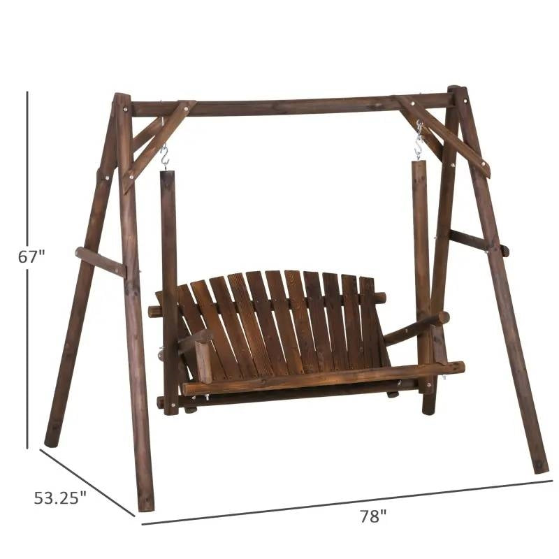 FarmHouse Log A-Frame 2-Seat Wooden Swing Bench with natural fir logs and carbonized stain for garden or patio use.