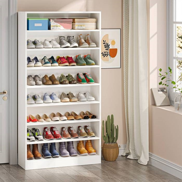 Modern 8-Shelf Shoe Rack Shelving Unit for Closet Storage in White Wood Finish showcasing multiple pairs of shoes.