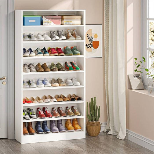 Modern 8-Shelf Shoe Rack Shelving Unit for Closet Storage in White Wood Finish showcasing multiple pairs of shoes.