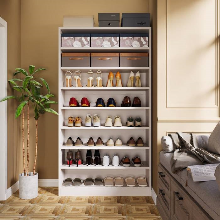 Modern 8-Shelf Shoe Rack Shelving Unit for Closet Storage in White Wood Finish displaying various shoes.