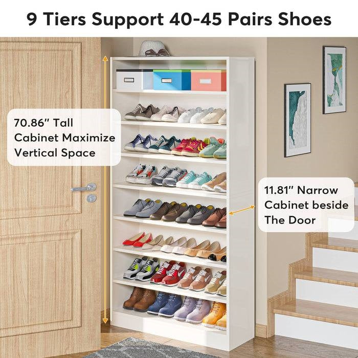 Modern 8-Shelf Shoe Rack Shelving Unit for Closet Storage in White Wood Finish, holds up to 45 pairs, maximizes vertical space