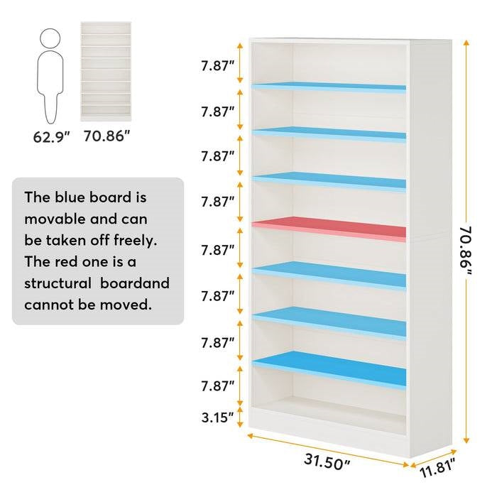 Modern 8-Shelf Shoe Rack Shelving Unit for Closet Storage in White Wood Finish displaying adjustable blue shelves and fixed red board.