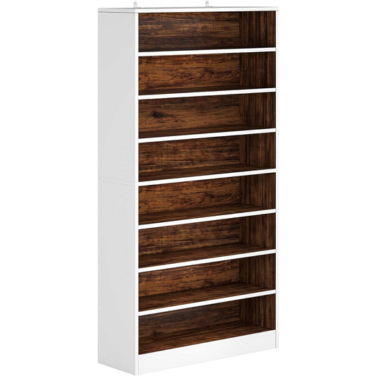 9 Tier White/Brown Wood Shoe Storage Cabinet, Holds Up To 45 Pairs, ideal for organizing shoes and maximizing storage space.