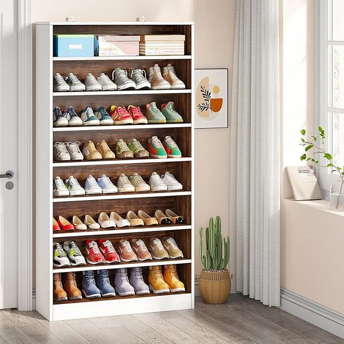 9 Tier White/Brown Wood Shoe Storage Cabinet, Holds Up To 45 Pairs filled with shoes displayed in a modern room.