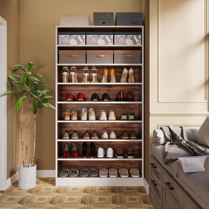 9 Tier White/Brown Wood Shoe Storage Cabinet, Holds Up To 45 Pairs showcasing shoes in a modern room setting.