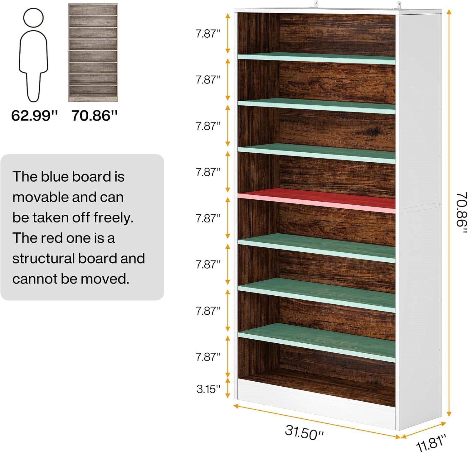 9 Tier White/Brown Wood Shoe Storage Cabinet, Holds Up To 45 Pairs with adjustable blue shelves and one fixed red board.
