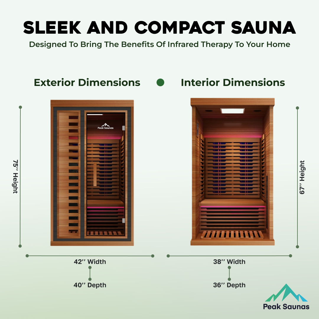 Peak Saunas Rainier 1-Person Full Spectrum Infrared Sauna with Built-In XL Medical-Grade Red Light Therapy & Smart WiFi App Control