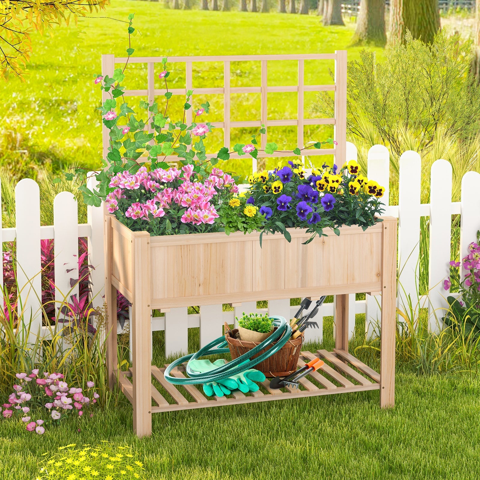 Raised Garden Bed Elevated Wooden Planter Box with Trellis featuring flowers and gardening tools, ideal for cultivating plants.