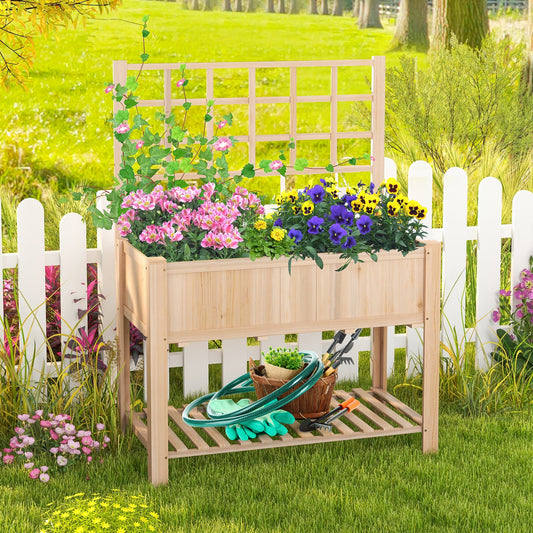 Raised Garden Bed Elevated Wooden Planter Box with Trellis featuring flowers and gardening tools, ideal for cultivating plants.