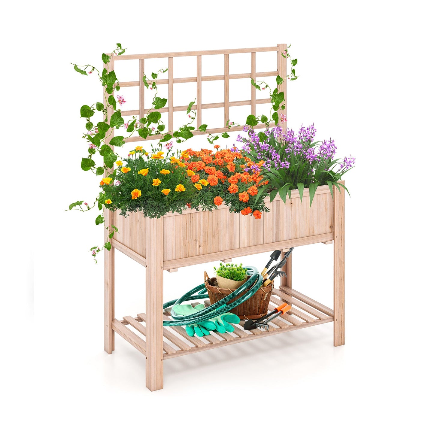 Raised Garden Bed Elevated Wooden Planter Box with Trellis filled with vibrant flowers and gardening tools on lower shelf.