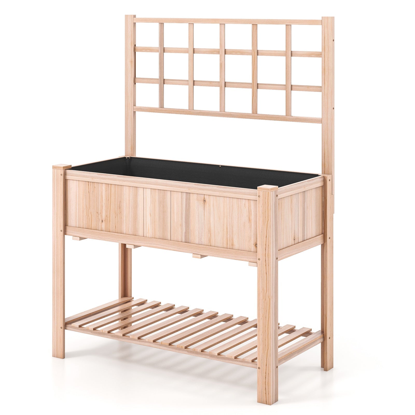 Raised Garden Bed Elevated Wooden Planter Box with Trellis featuring deep planting box and bottom shelf for tools.