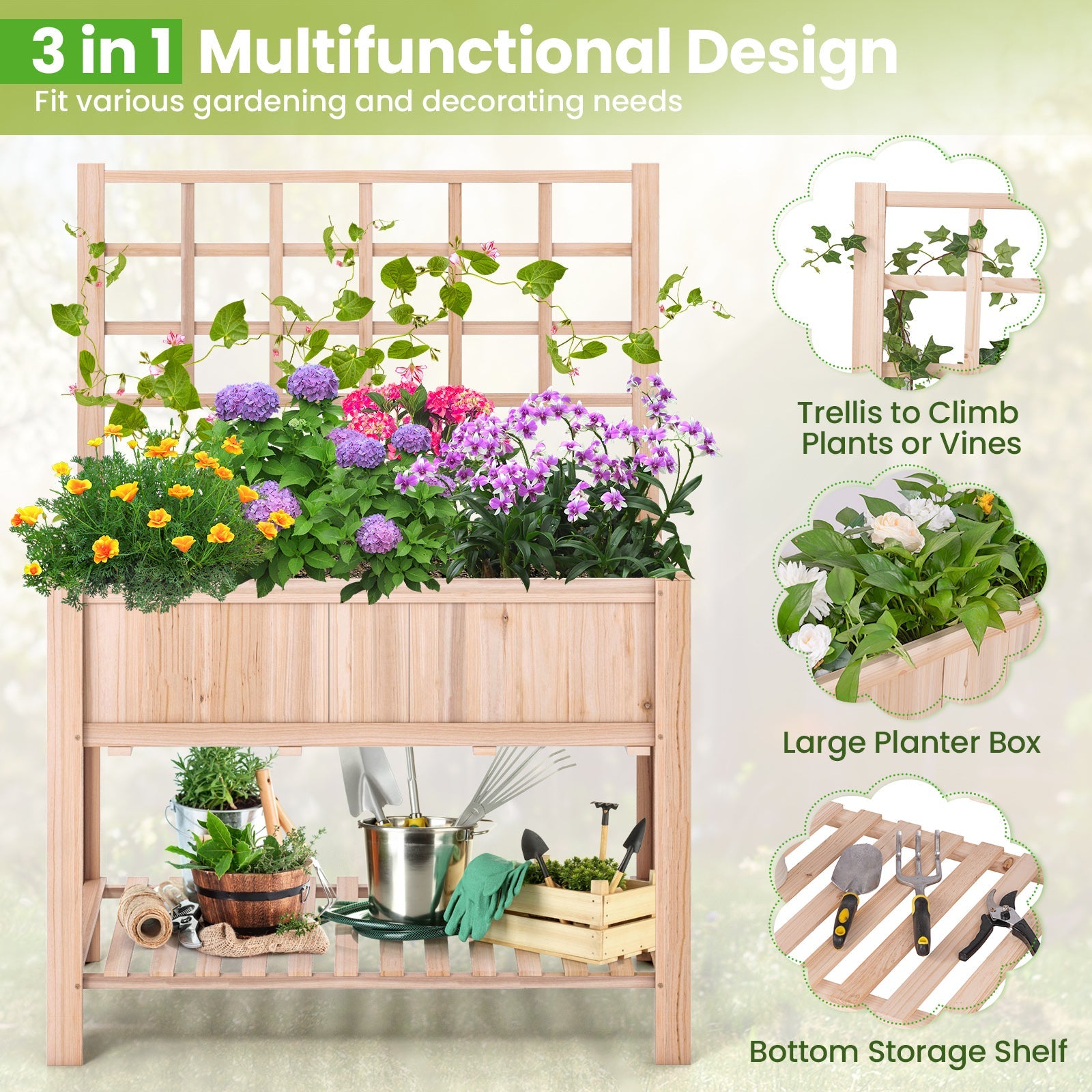 Raised Garden Bed Elevated Wooden Planter Box with Trellis featuring large planter box, storage shelf, and climbing trellis for plants.