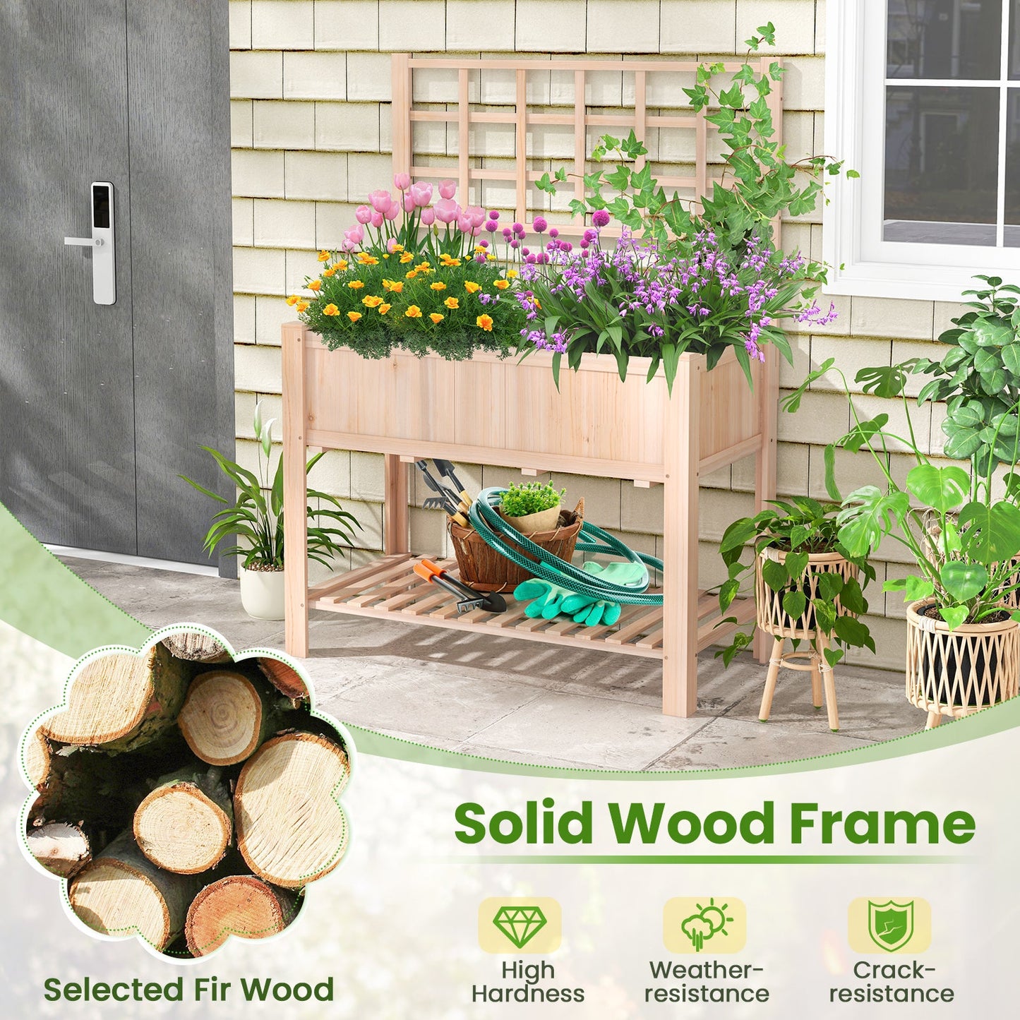 Raised Garden Bed Elevated Wooden Planter Box with Trellis featuring solid wood frame, flowering plants, and open bottom shelf.