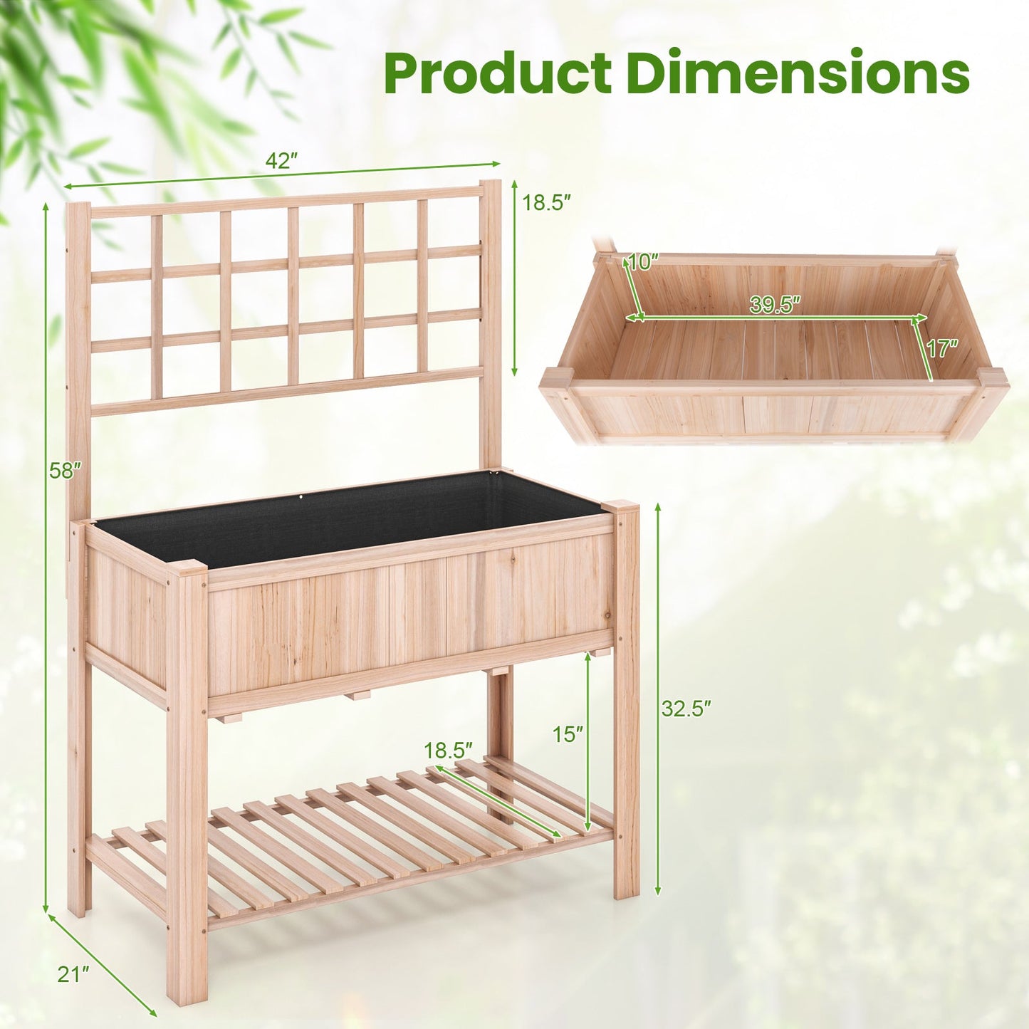 Raised Garden Bed Elevated Wooden Planter Box with Trellis dimensions showing wooden construction and open bottom shelf.