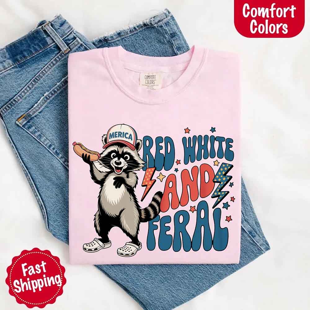 Red White & Feral Comfort Colors Tee – Funny Raccoon 4th of July Shirt