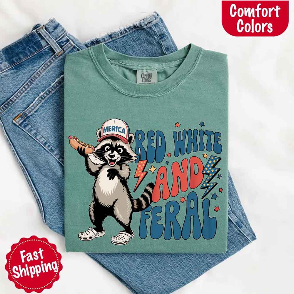 Red White & Feral Comfort Colors Tee – Funny Raccoon 4th of July Shirt