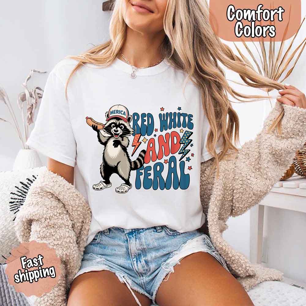 Red White & Feral Comfort Colors Tee – Funny Raccoon 4th of July Shirt