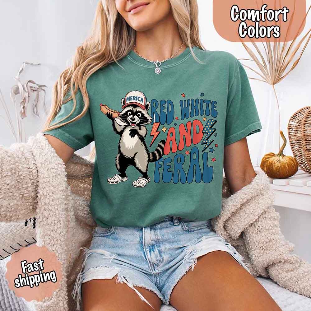 Red White & Feral Comfort Colors Tee – Funny Raccoon 4th of July Shirt