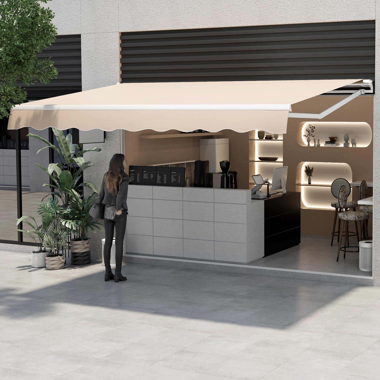 13 × 8 Feet Retractable Patio Awning Aluminum Deck Sunshade-Beige installed over outdoor cafe with plants and furniture