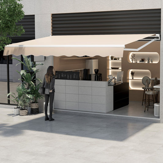 13 × 8 Feet Retractable Patio Awning Aluminum Deck Sunshade-Beige installed over outdoor cafe with plants and furniture