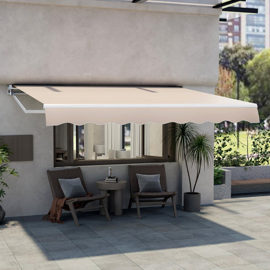12 x 10 Feet Patio Retractable Awning Aluminum Sunshade Shelter-Beige installed on patio with chairs and plants