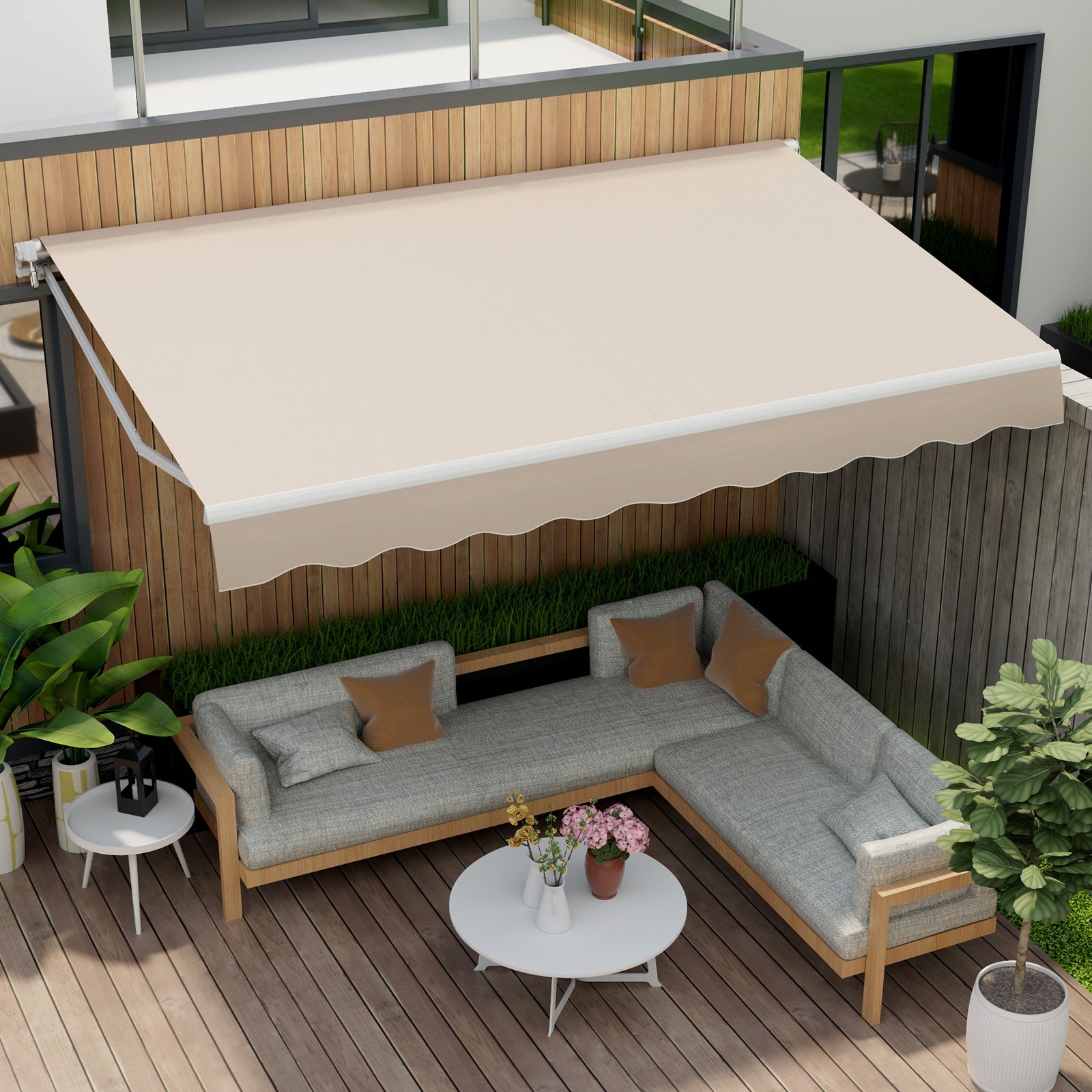 Beige 13 × 8 Feet Retractable Patio Awning Aluminum Deck Sunshade over outdoor seating area on wooden deck.