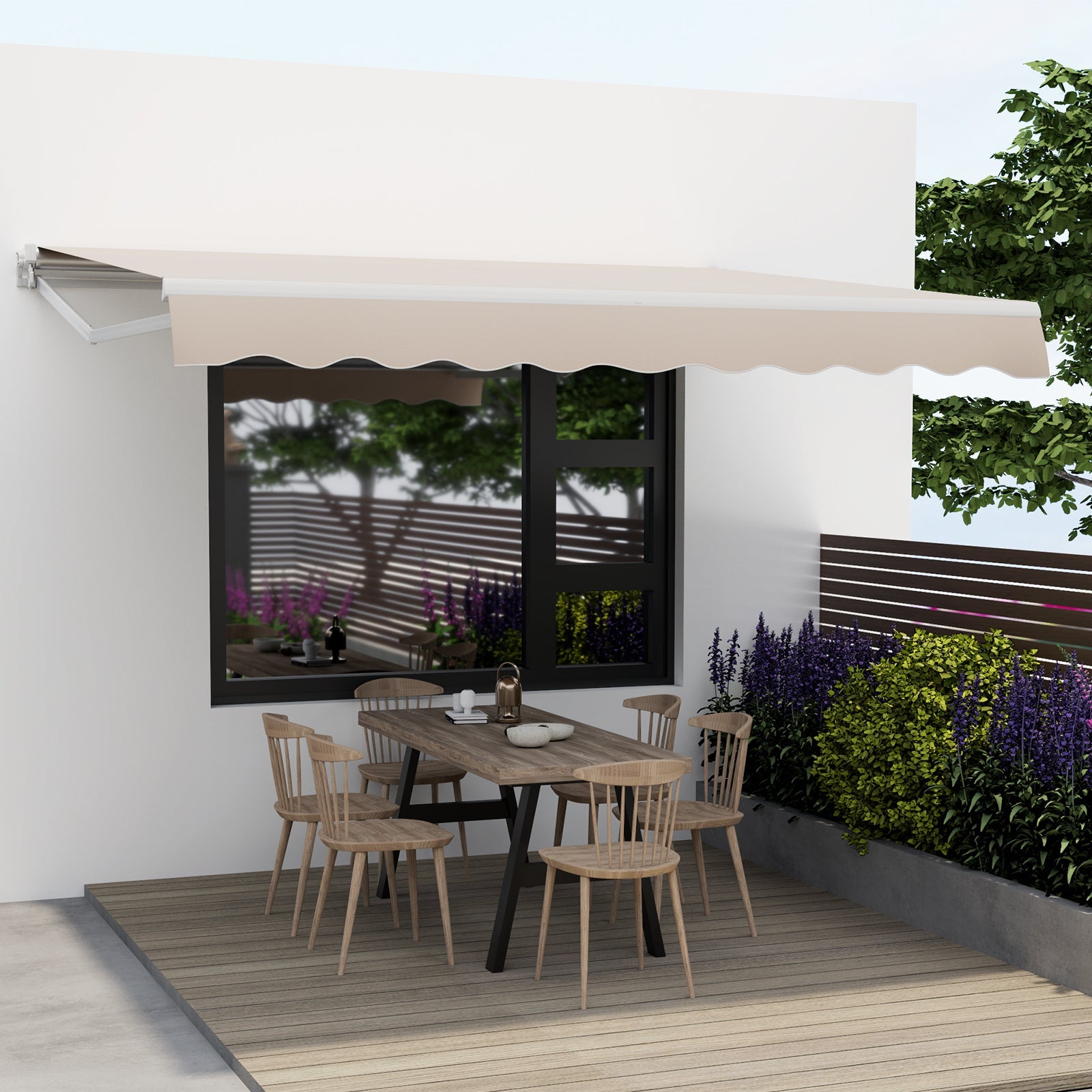 12 x 10 Feet Patio Retractable Awning Aluminum Sunshade Shelter-Beige installed over patio dining area with wooden chairs.