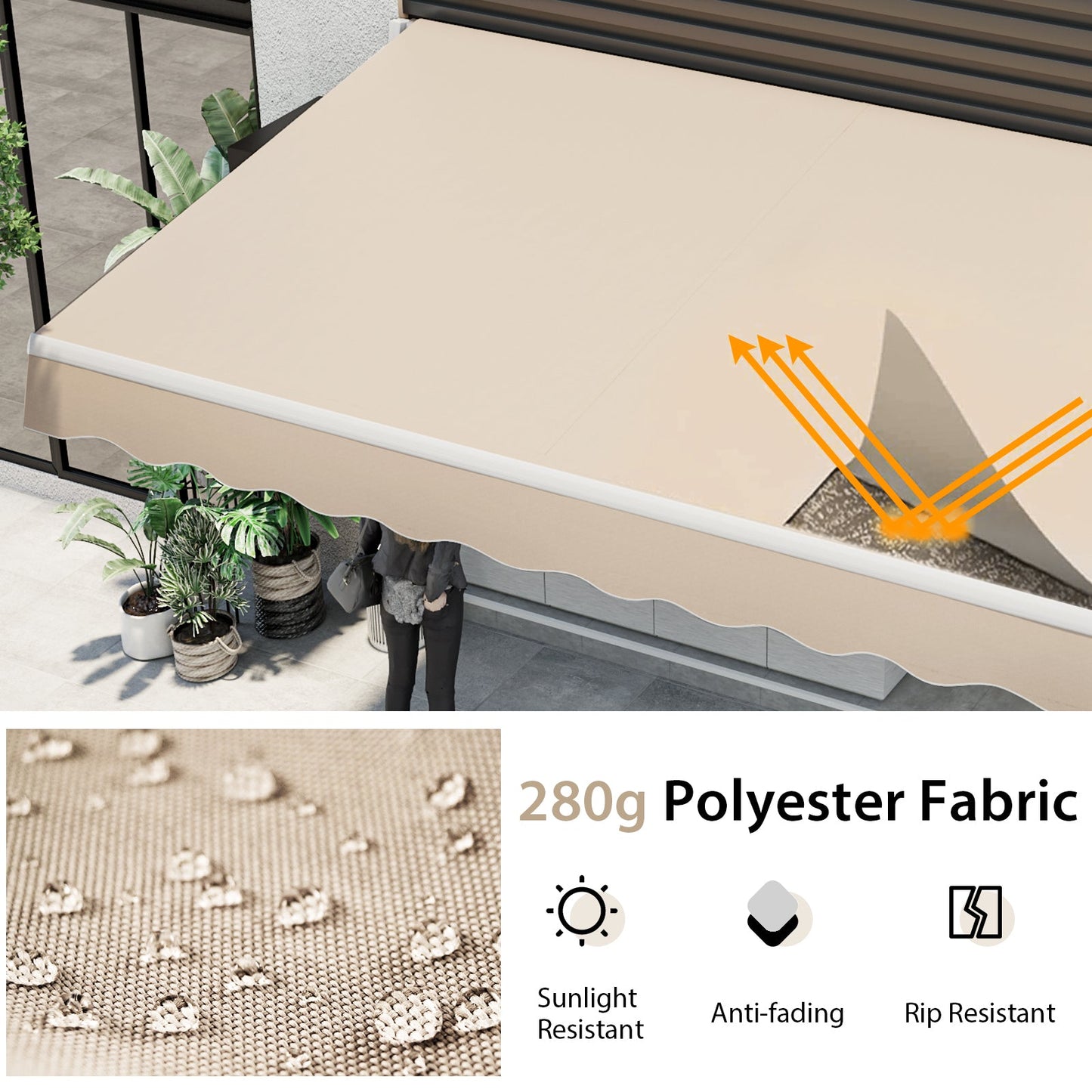 13 × 8 Feet Retractable Patio Awning Aluminum Deck Sunshade-Beige with durable polyester fabric, sun protection, anti-fading features