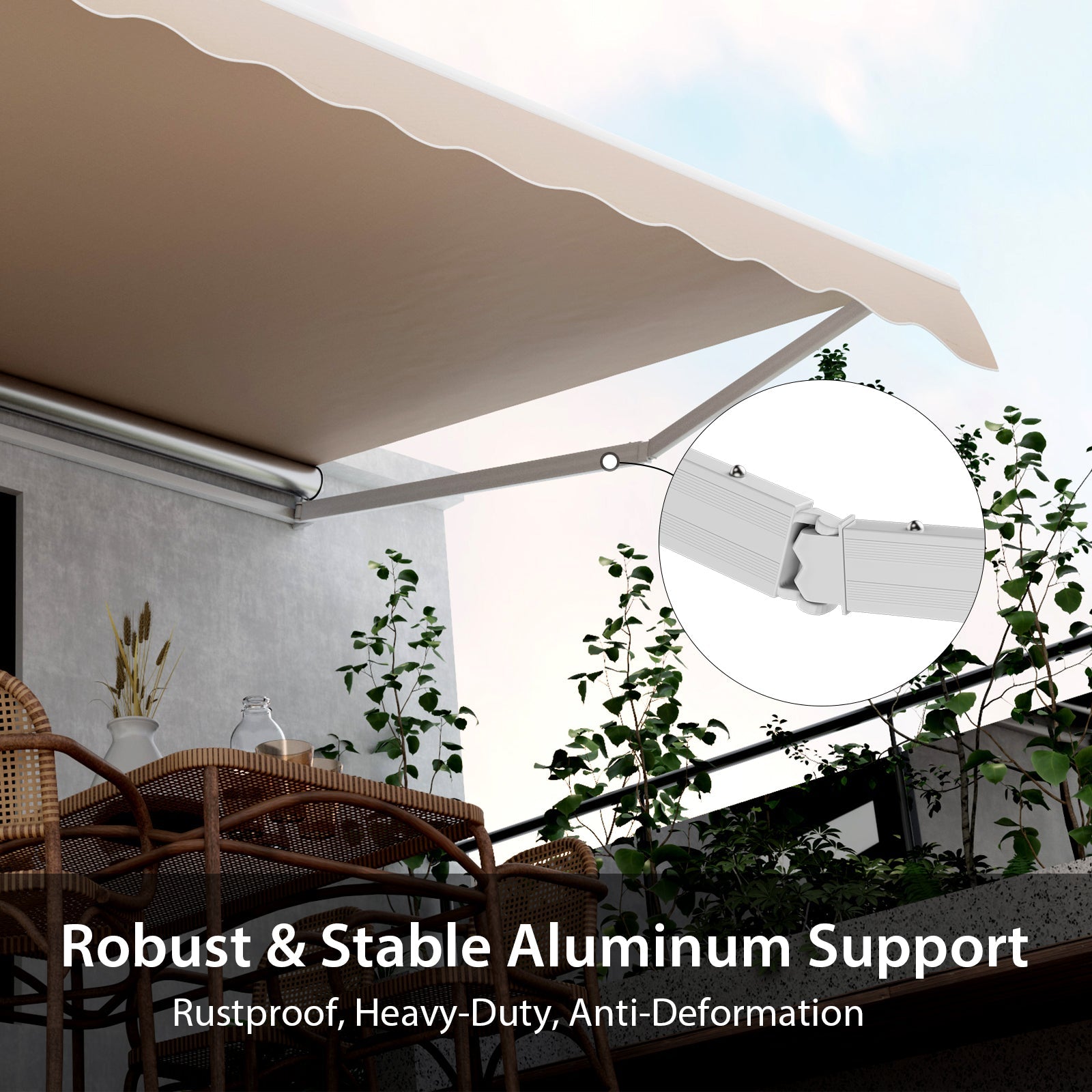 13 × 8 Feet Retractable Patio Awning Aluminum Deck Sunshade-Beige with rustproof aluminum support and PA coated cloth for sun protection.