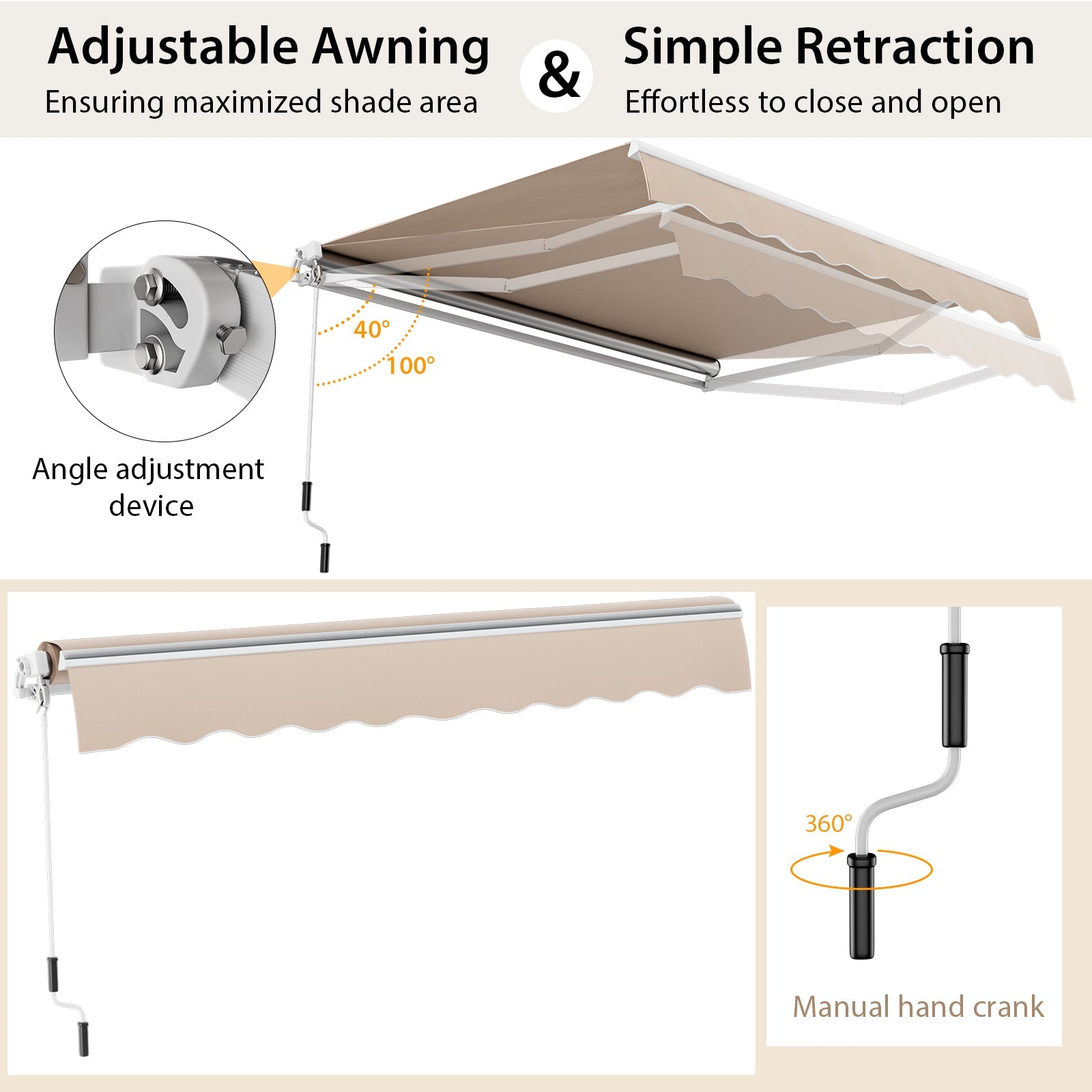 13 × 8 Feet Retractable Patio Awning Aluminum Deck Sunshade-Beige with adjustable angle and manual hand crank for easy use.