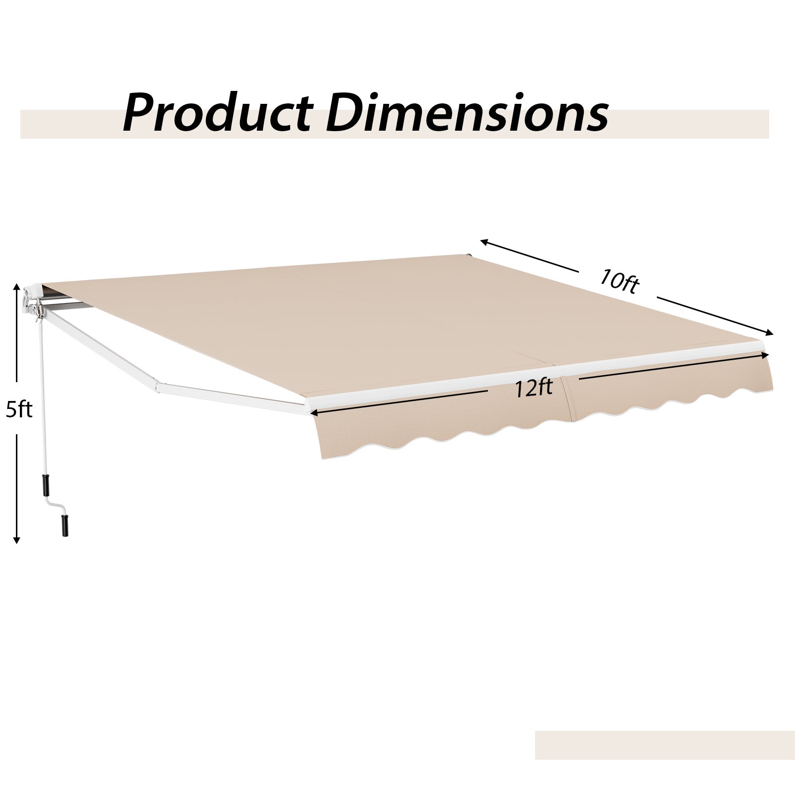 Dimensions of 12 x 10 Feet Patio Retractable Awning Aluminum Sunshade Shelter-Beige showing 5ft height, 10ft depth, and 12ft width.