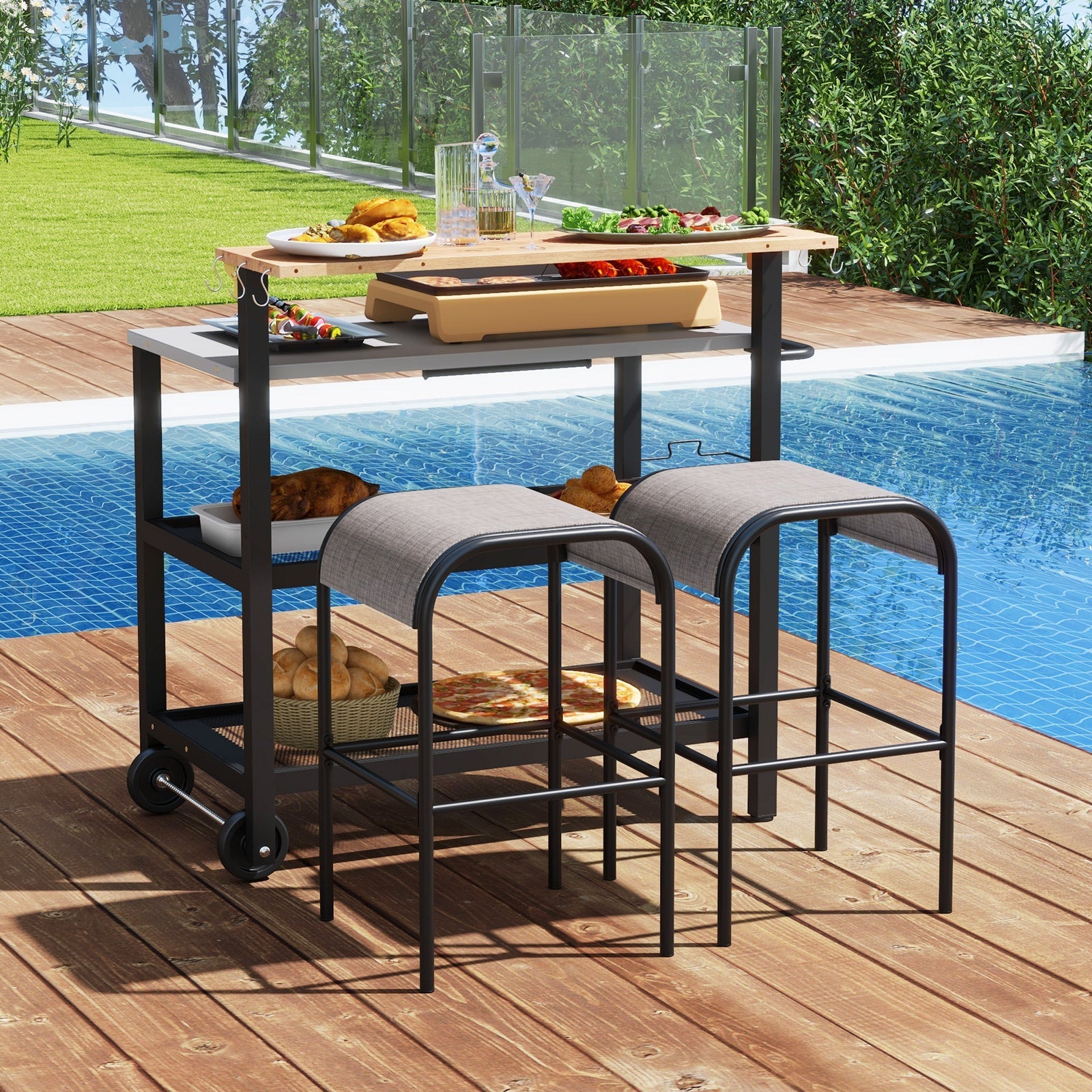Outdoor setup with Rolling Bar Cart with Flip-up Table and Hooks for Kitchen by poolside