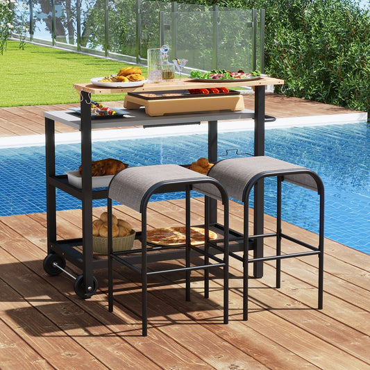 Outdoor setup with Rolling Bar Cart with Flip-up Table and Hooks for Kitchen by poolside