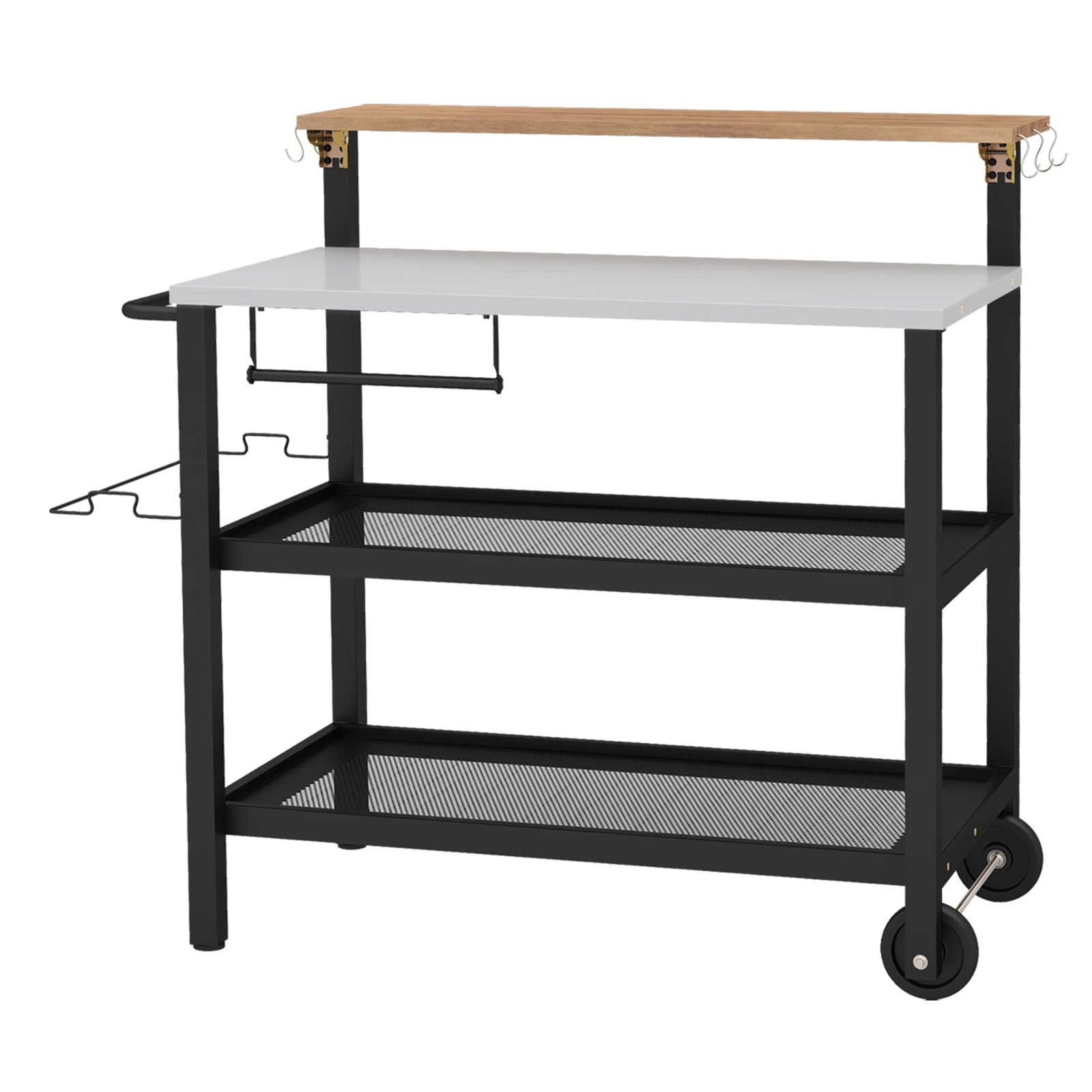 Rolling Bar Cart with Flip-up Table and Hooks for Kitchen, featuring 3-tier storage, easy-to-clean tabletop, and smooth wheels.