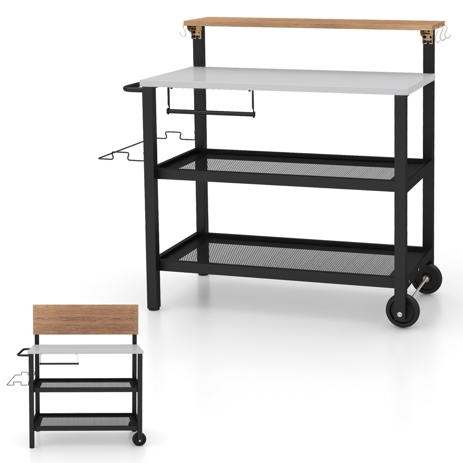 Rolling Bar Cart with Flip-up Table and Hooks for Kitchen featuring a galvanized metal frame, Zn-Fe tabletop, and smooth wheels.