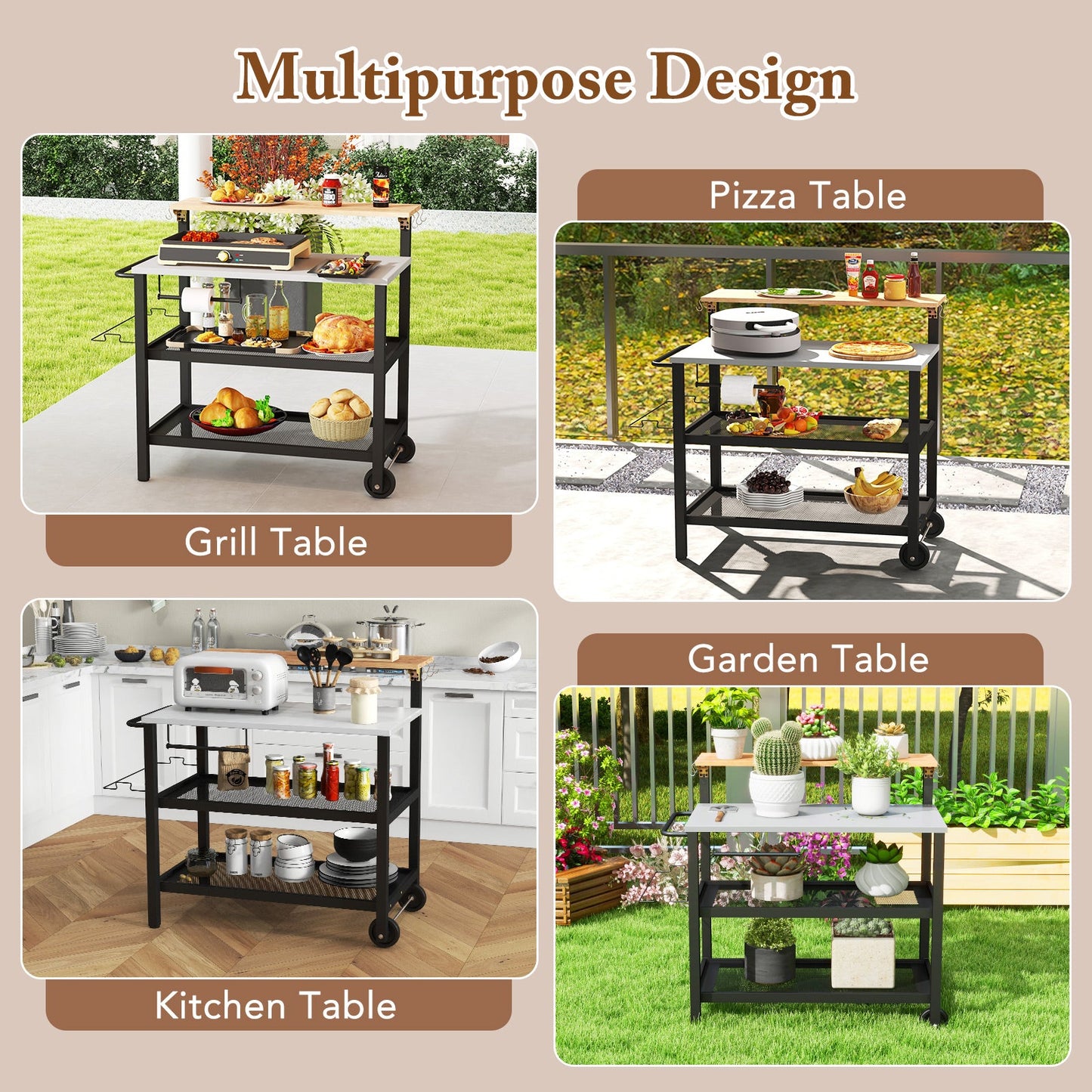 Multipurpose design of a Rolling Bar Cart with Flip-up Table and Hooks for Kitchen used as grill, pizza, garden, and kitchen table.