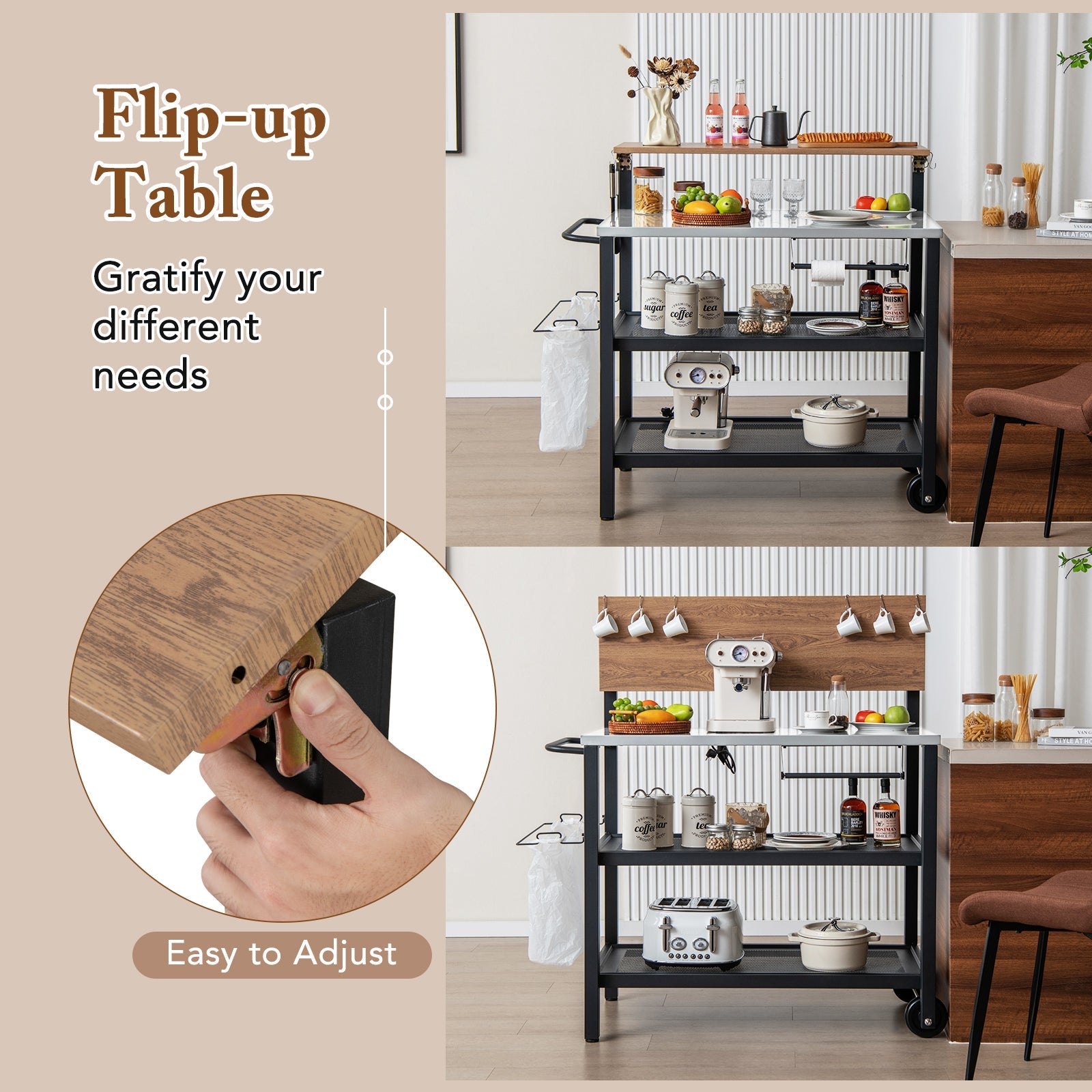 Rolling Bar Cart with Flip-up Table and Hooks for Kitchen showcasing adjustable flip-up table and 3-tier storage with 6 hooks.