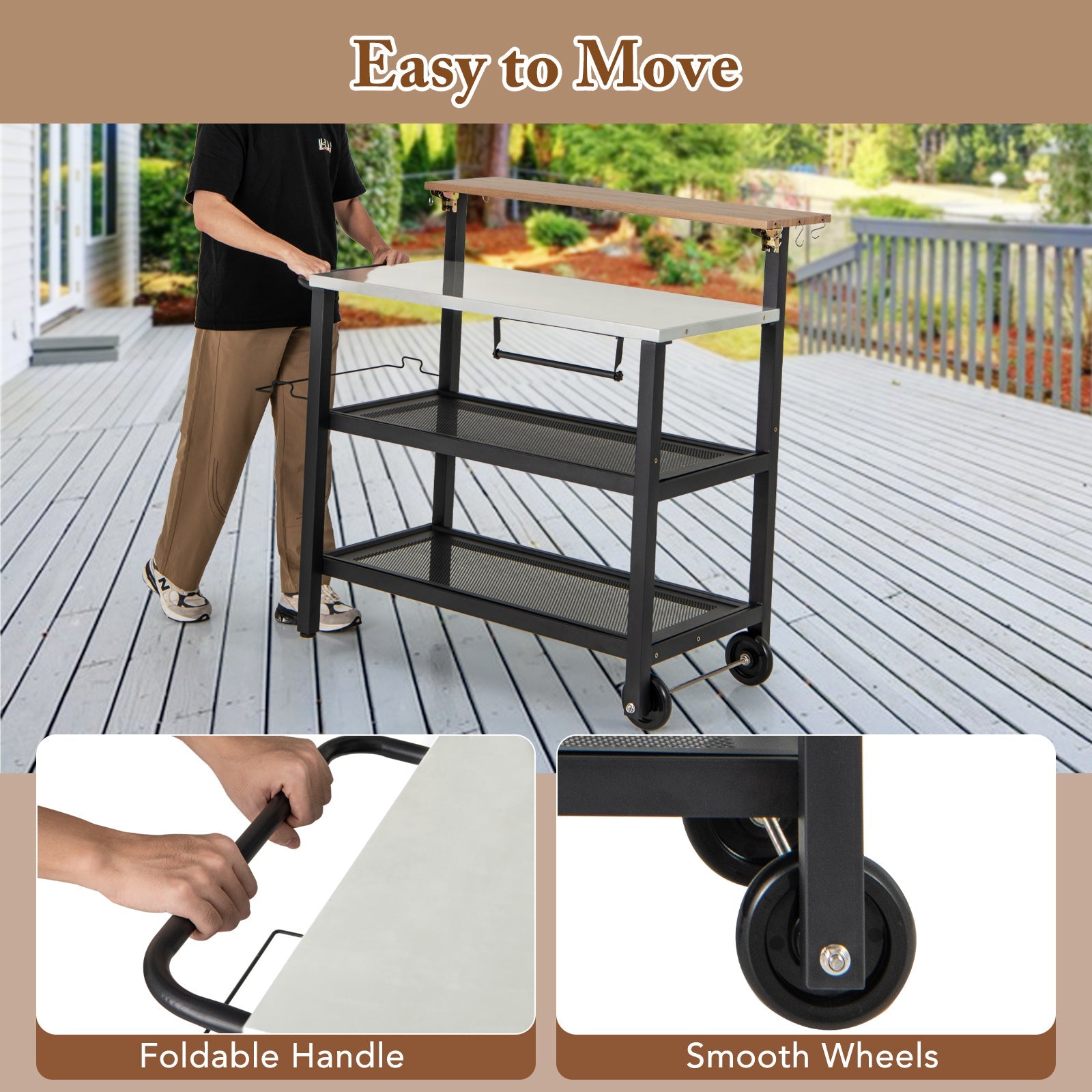 Rolling Bar Cart with Flip-up Table and Hooks for Kitchen; easy to move on deck with foldable handle and smooth wheels.