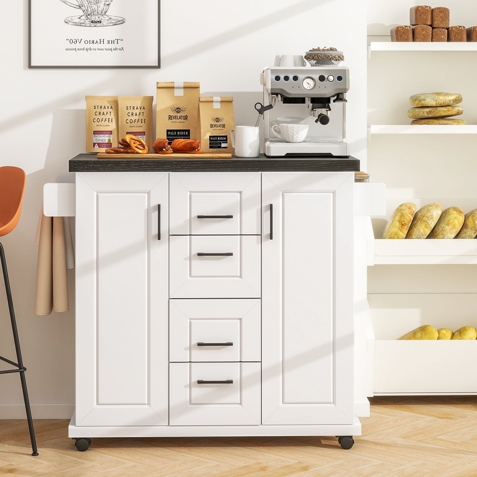 Rolling Kitchen Island Cart on Wheels with Storage Cabinets-White with coffee setup on top