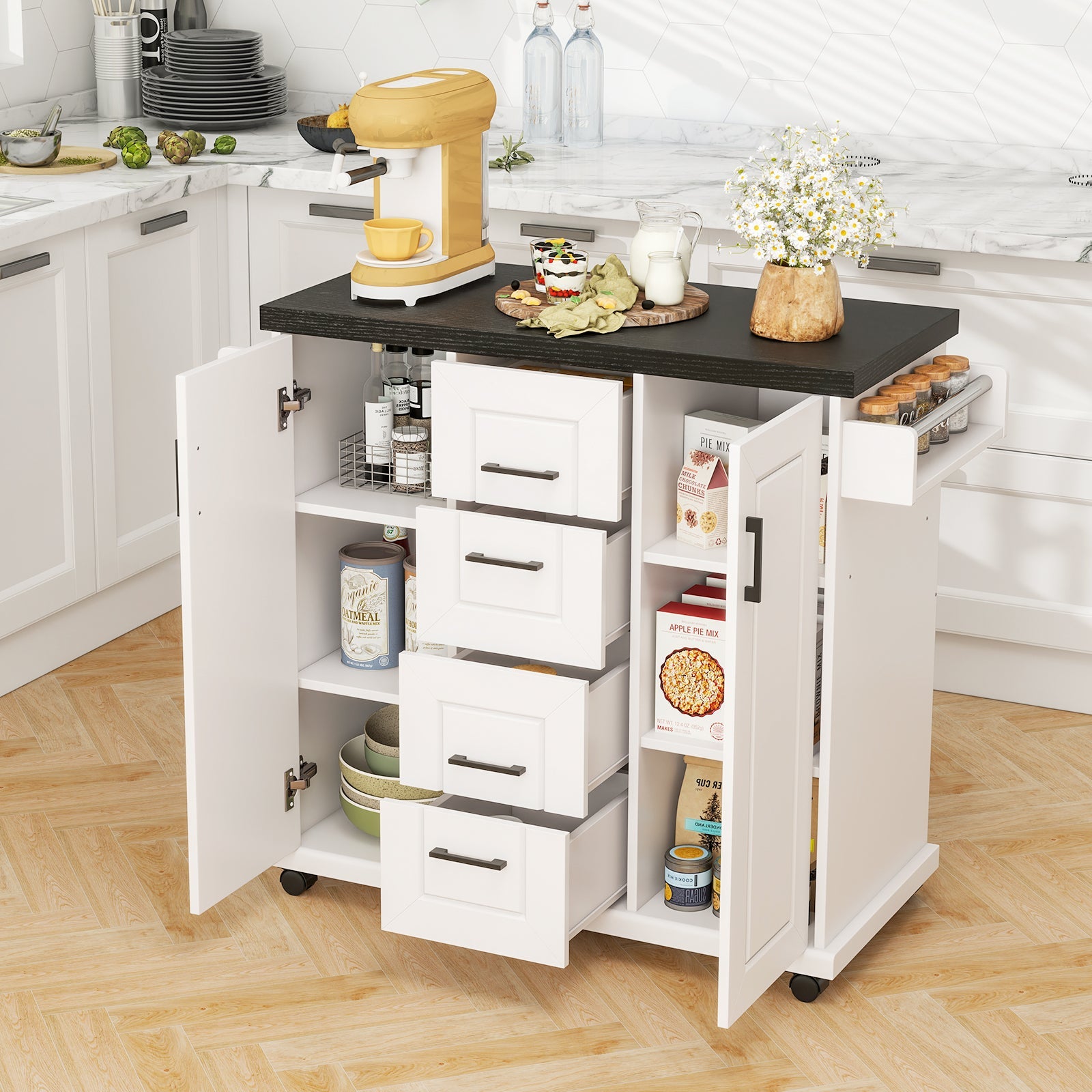 Rolling Kitchen Island Cart on Wheels with Storage Cabinets-White featuring open cabinets, drawers, and spice rack in a kitchen setting