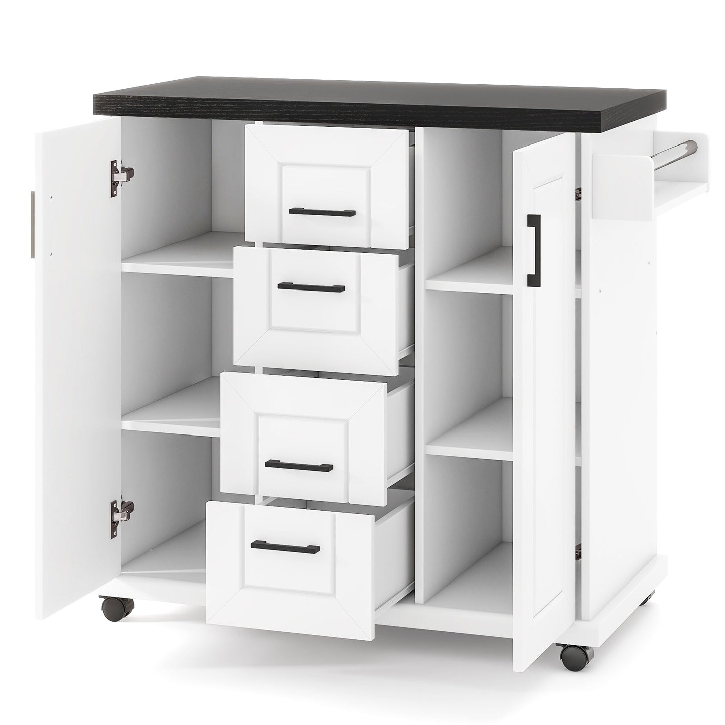 Rolling Kitchen Island Cart on Wheels with Storage Cabinets-White with open shelves and drawers for organized kitchen storage