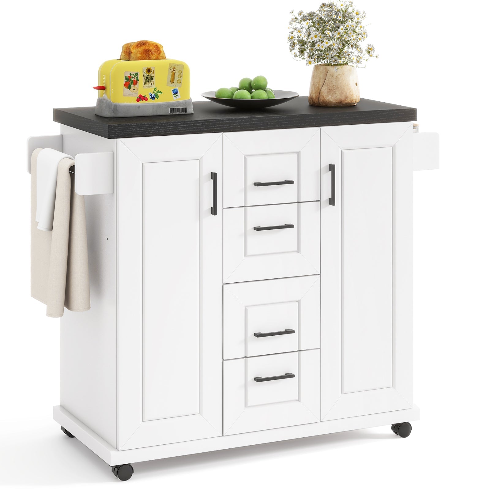 Rolling Kitchen Island Cart on Wheels with Storage Cabinets-White featuring drawers, shelves, spice and towel rack, and a large countertop.