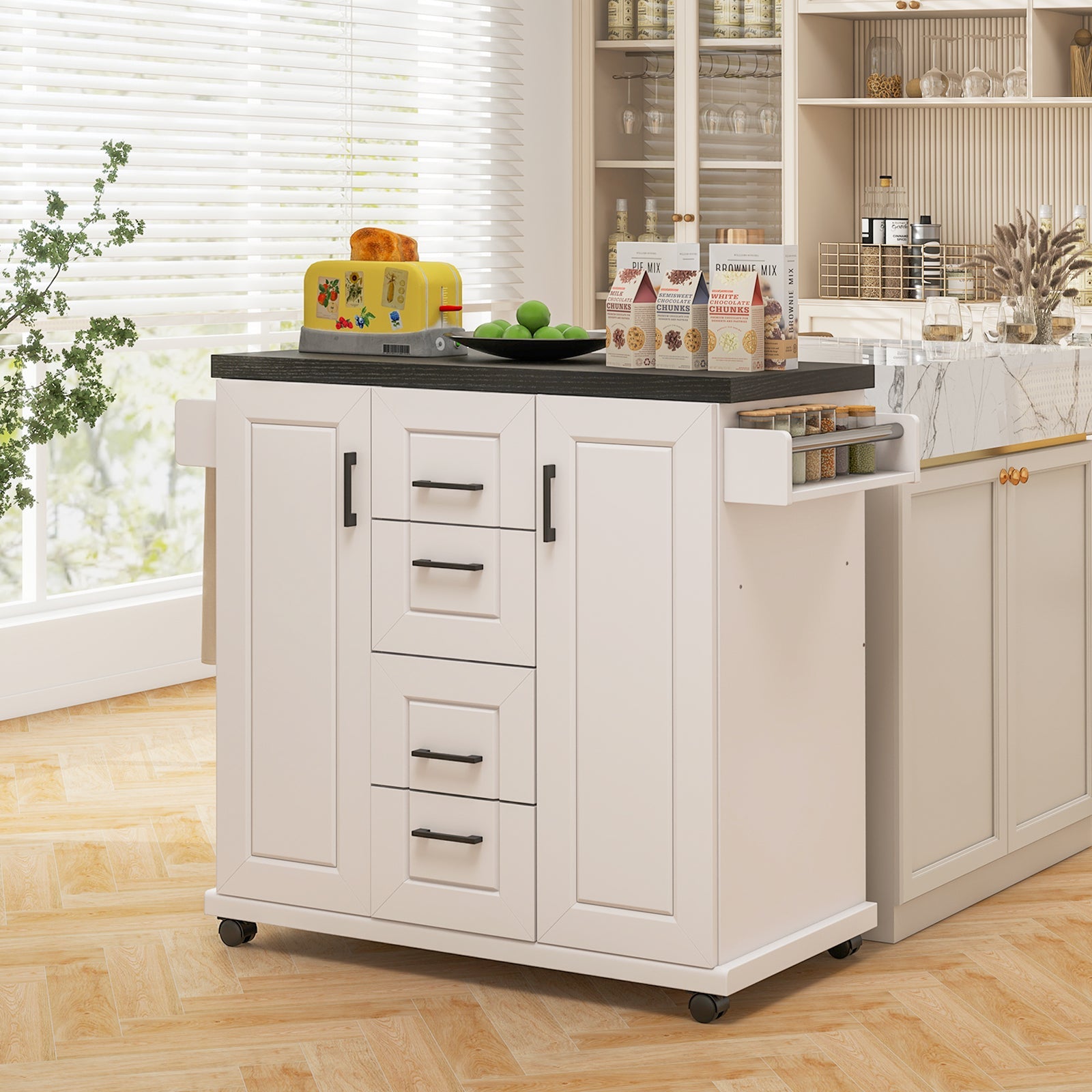 Rolling Kitchen Island Cart on Wheels with Storage Cabinets-White featuring drawers, spice rack, and large countertop in a kitchen setting.