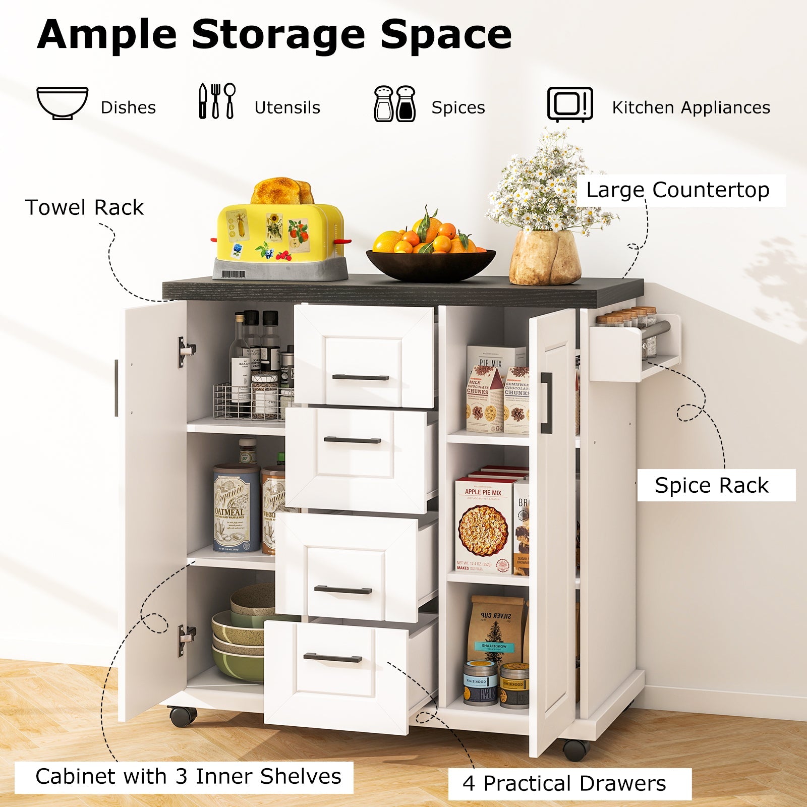 Rolling Kitchen Island Cart on Wheels with Storage Cabinets-White featuring ample storage with drawers, cabinets, spice and towel rack.