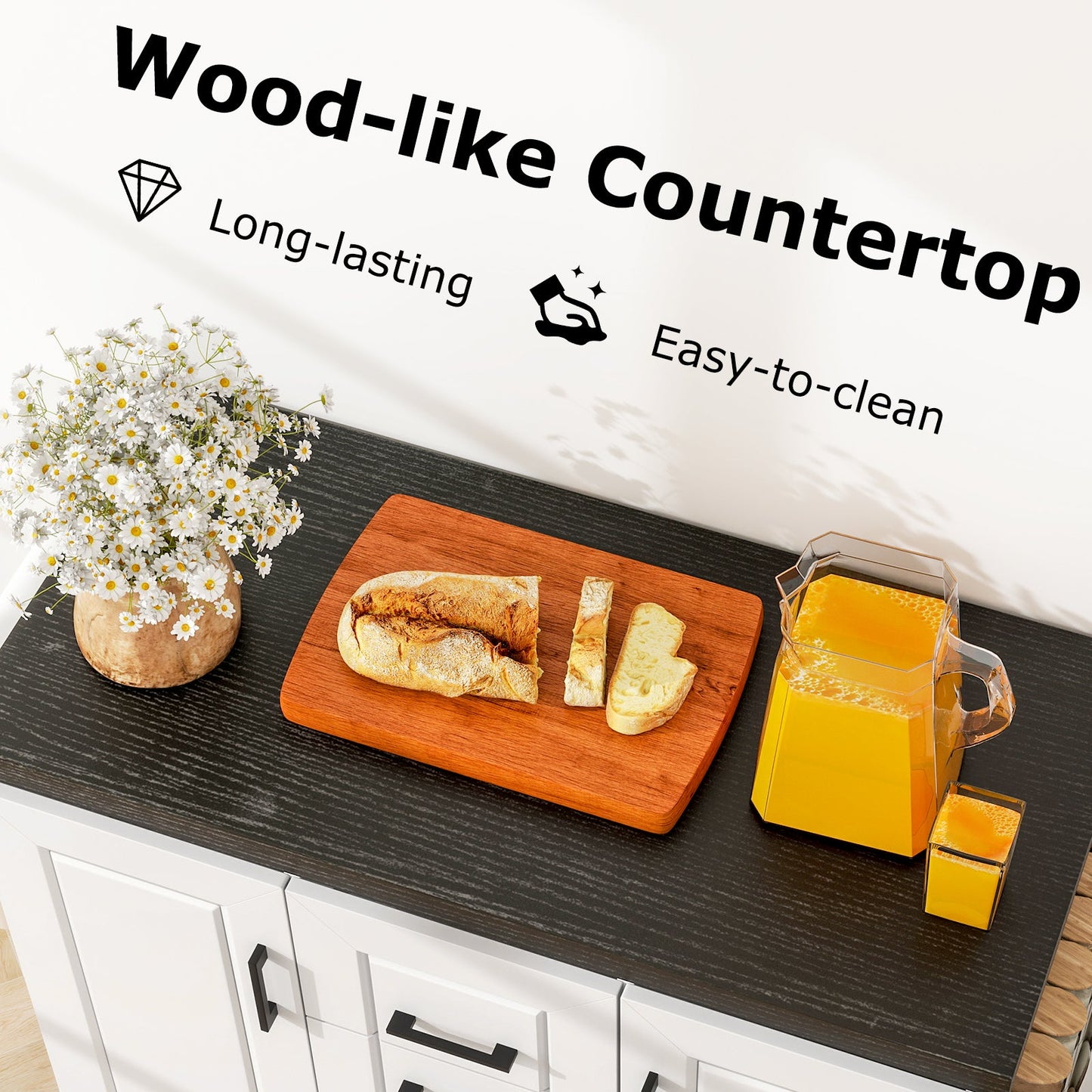 Rolling Kitchen Island Cart on Wheels with Storage Cabinets-White featuring a wood-like countertop, bread, orange juice, and flowers