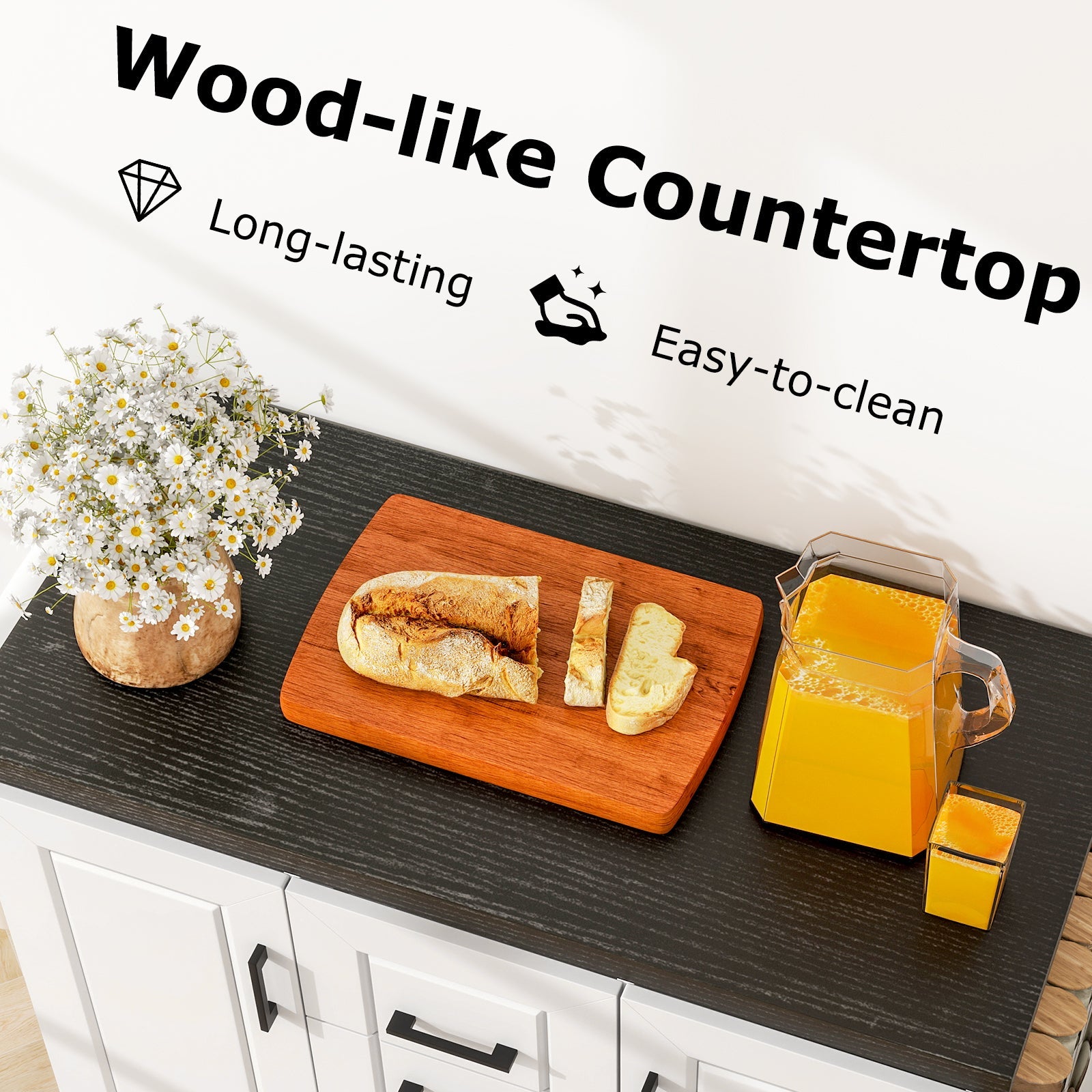 Rolling Kitchen Island Cart on Wheels with Storage Cabinets-White featuring a wood-like countertop, bread, orange juice, and flowers