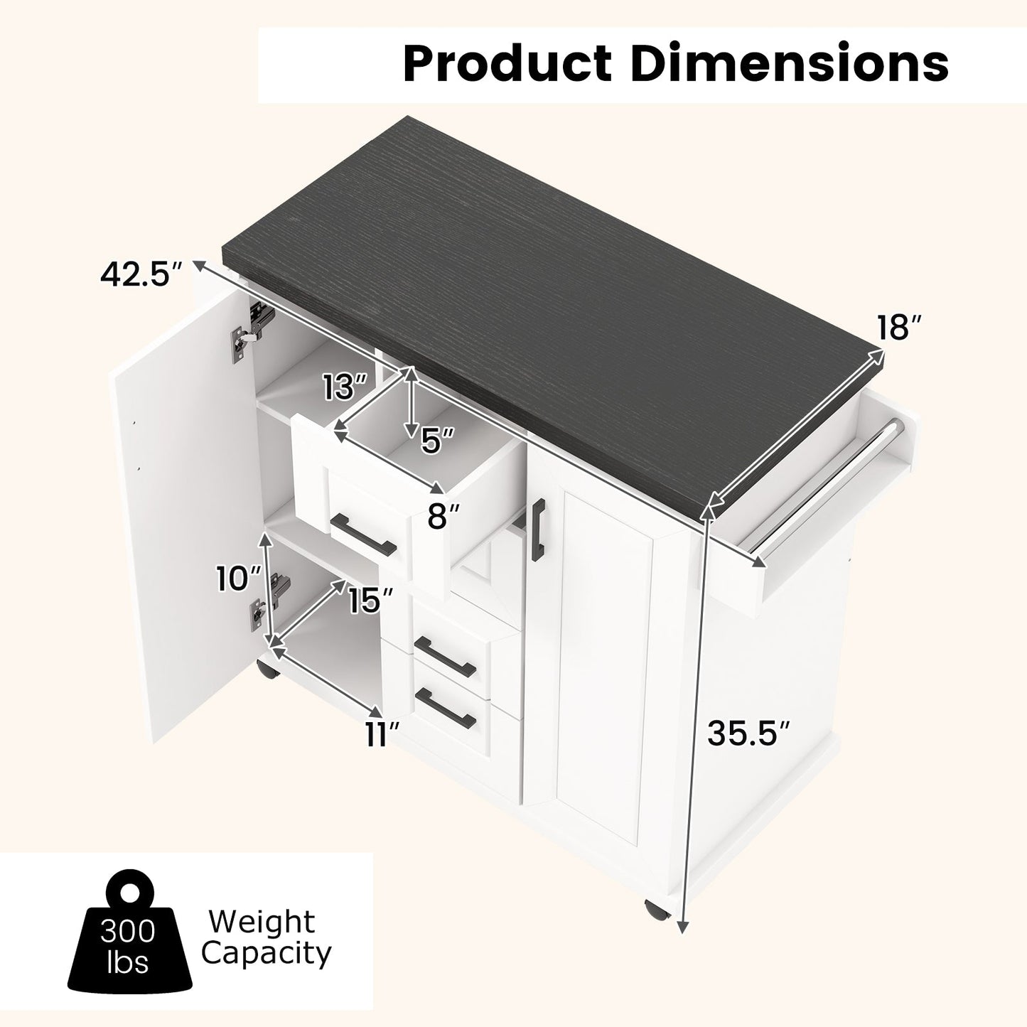 Rolling Kitchen Island Cart on Wheels with Storage Cabinets-White shown with dimensions and weight capacity