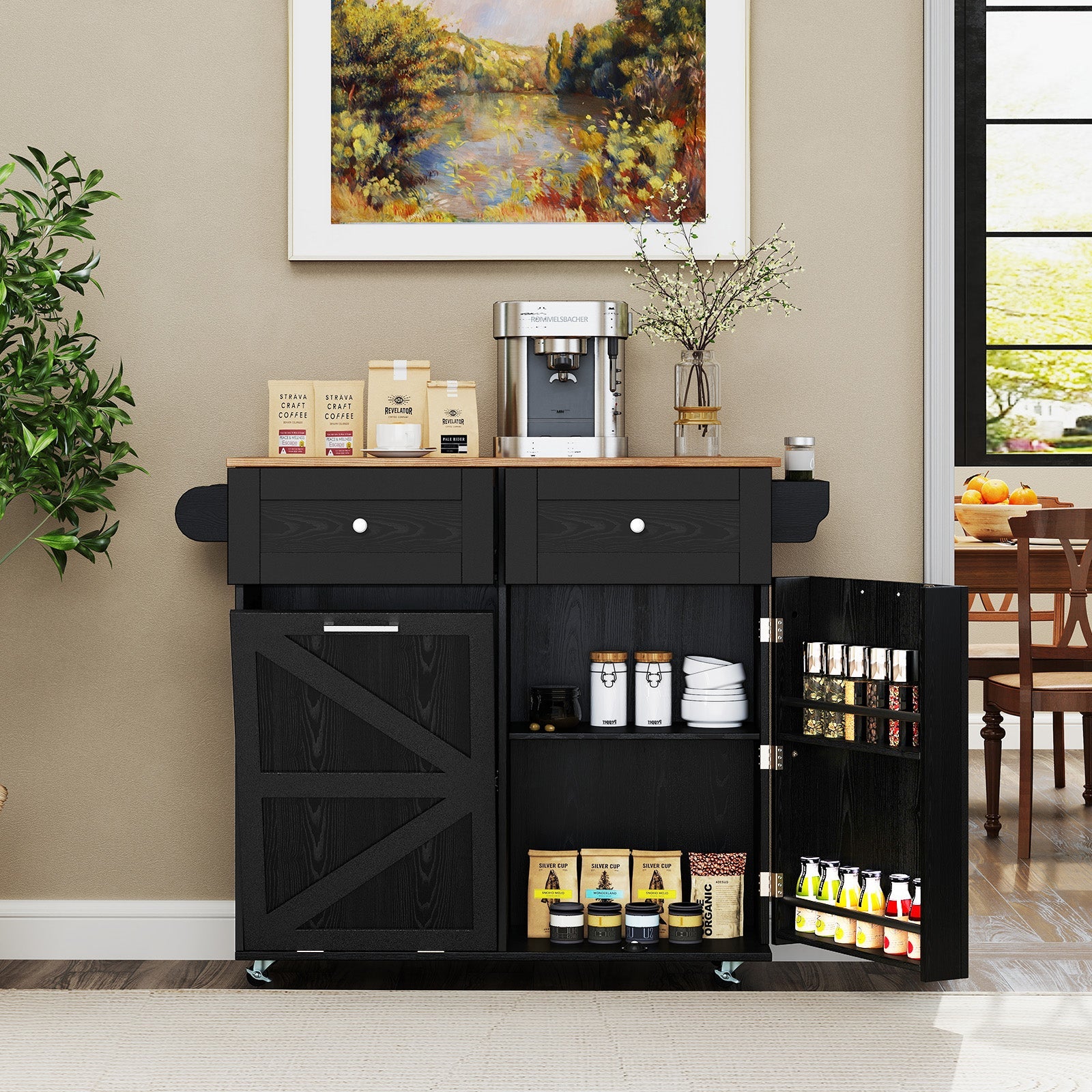 Rolling Kitchen Island with Trash Can Cabinet and Rubber Universal Wheels-Black featuring storage and tilt-out trash cabinet