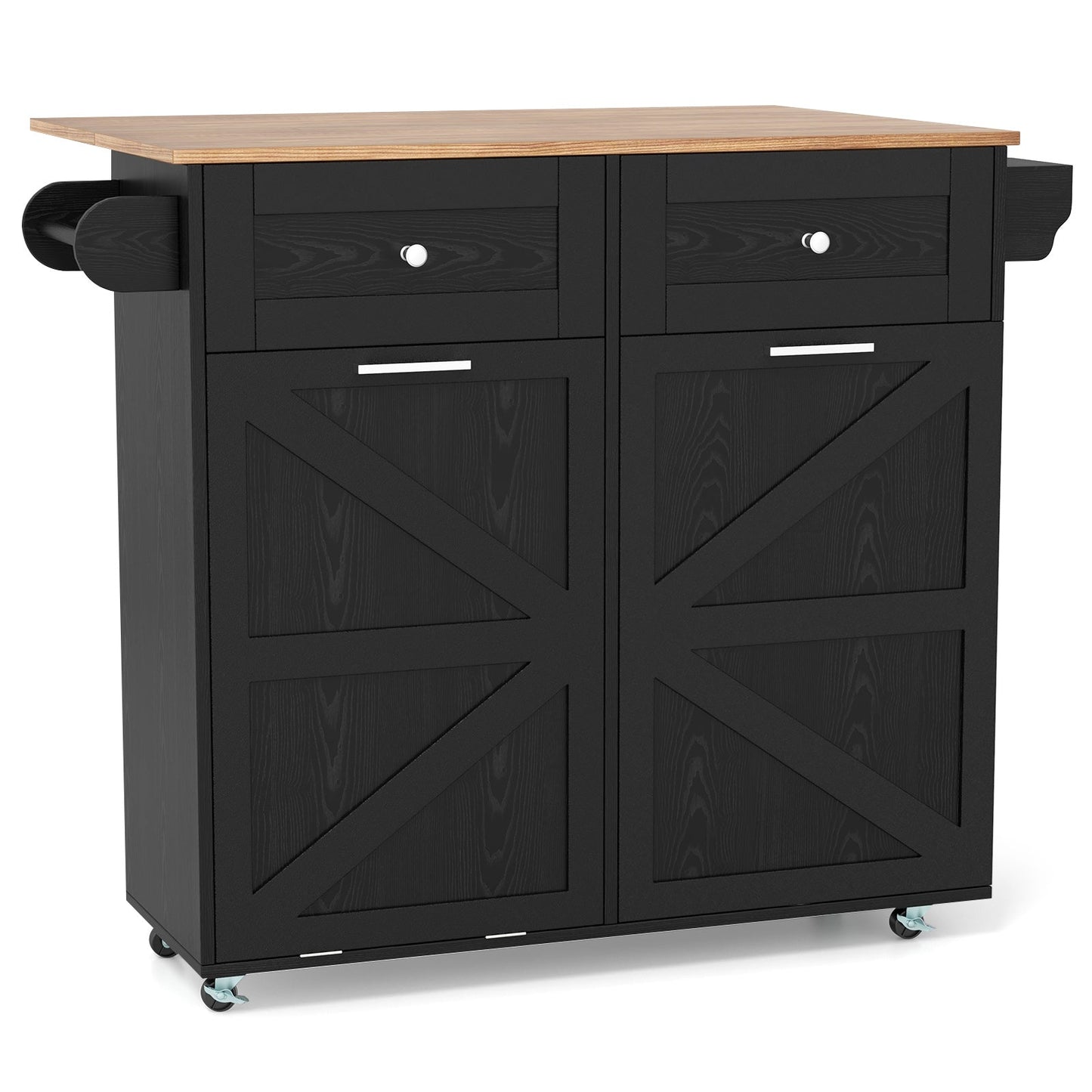 Rolling Kitchen Island with Trash Can Cabinet and Rubber Universal Wheels-Black with storage drawers and towel racks
